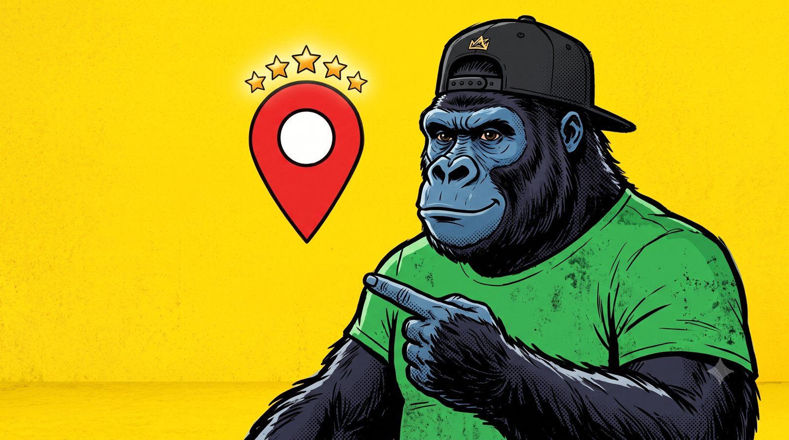 Le gorille mascotte de mfdy.digital, casquette a l'envers et t-shirt vert sur fond jaune, pointant un marqueur de geolocalisation Google Maps avec cinq etoiles, illustrant le referencement local d'une fiche Google