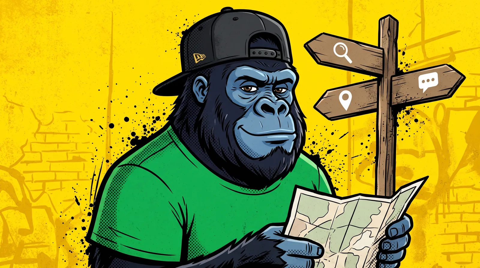 Illustration d'un personnage gorille en casquette noire à l'envers et tee-shirt vert sur fond jaune, une carte à la main, devant un poteau indicateur à trois flèches : une loupe pour la recherche, un repère de carte pour la fiche Google, une bulle de discussion pour les IA