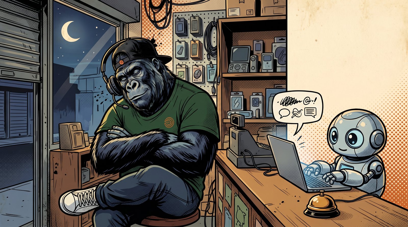 Silver, le gorille mascotte de mfdy.digital, endormi derrière le comptoir de sa boutique fermée la nuit, casque-micro de travers, pendant qu'un petit robot répond au message d'un client, une sonnette d'appel à portée de main