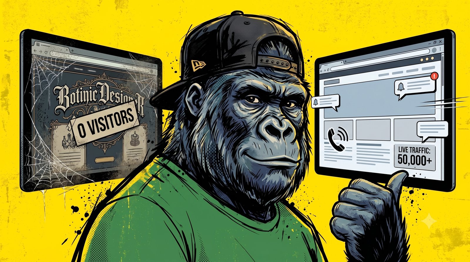 Le gorille mascotte de mfdy.digital observe deux ecrans : a gauche un site tres design mais desert, a droite un site simple avec un telephone qui sonne, sur fond jaune, illustrant le beau site invisible face au site moche qui rank