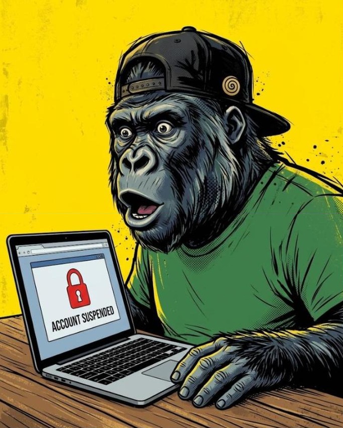 Le gorille mascotte de mfdy.digital, choqué, découvre sur son ordinateur portable une page de suspension d'hébergeur à la place du site web, sur fond jaune, illustrant un site suspendu depuis des mois sans que personne ne le remarque