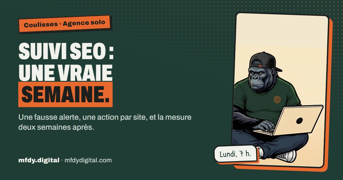 Silver, le gorille de mfdy.digital, à côté du titre Suivi SEO : une vraie semaine