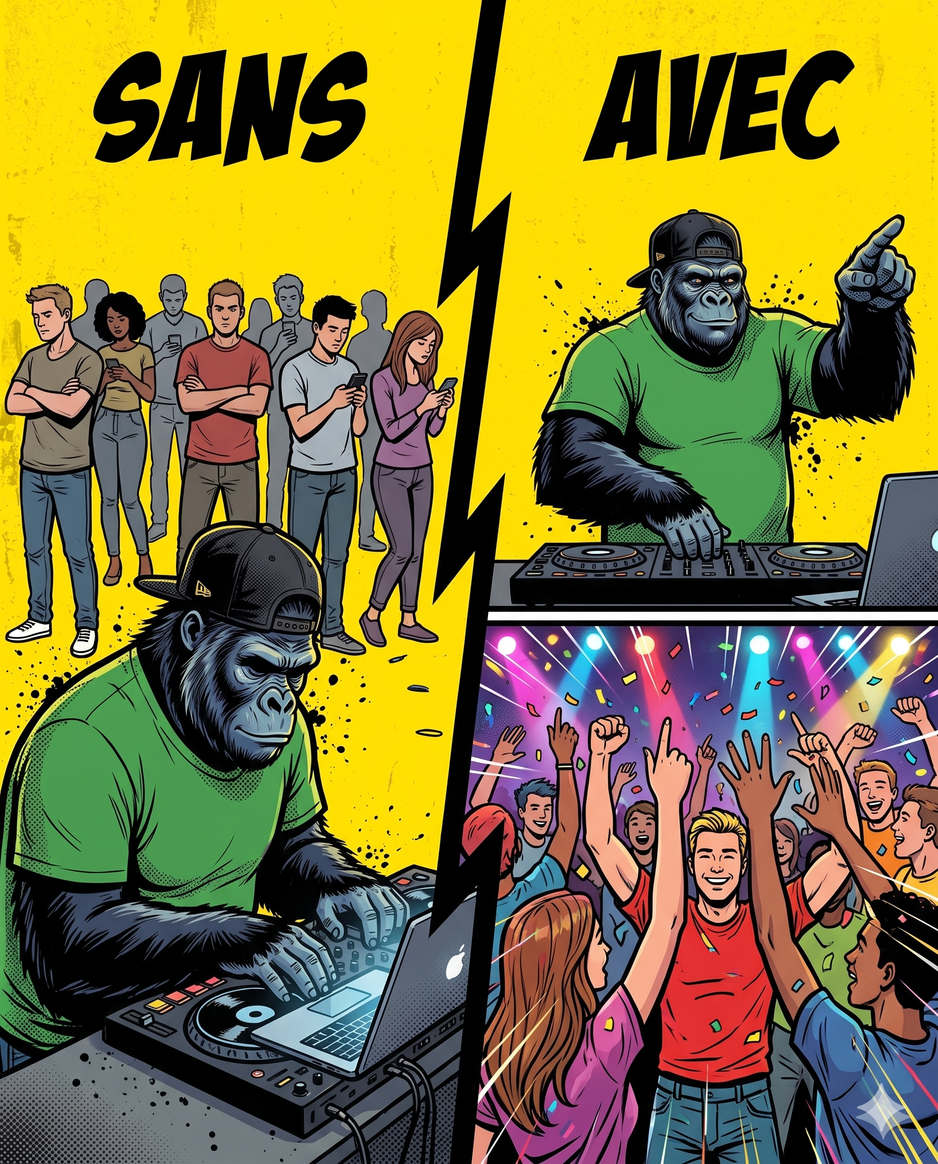 Illustration en deux scènes : à gauche, un DJ gorille tête baissée sur ses platines ignore une foule blasée qui regarde son téléphone ; à droite, le même DJ gorille pointe une foule en pleine fête, mains en l'air, parce qu'il regarde enfin son public
