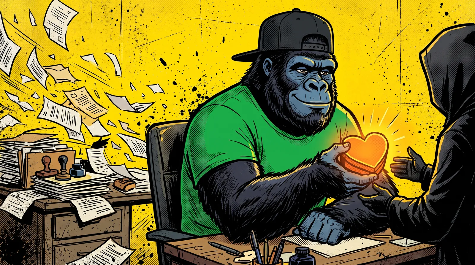 Illustration d'un personnage gorille en casquette noire à l'envers et tee-shirt vert sur fond jaune, assis à un bureau : d'un côté une pile de paperasse et de tampons s'envole en morceaux, de l'autre il tend une petite boîte lumineuse en forme de cœur à un client
