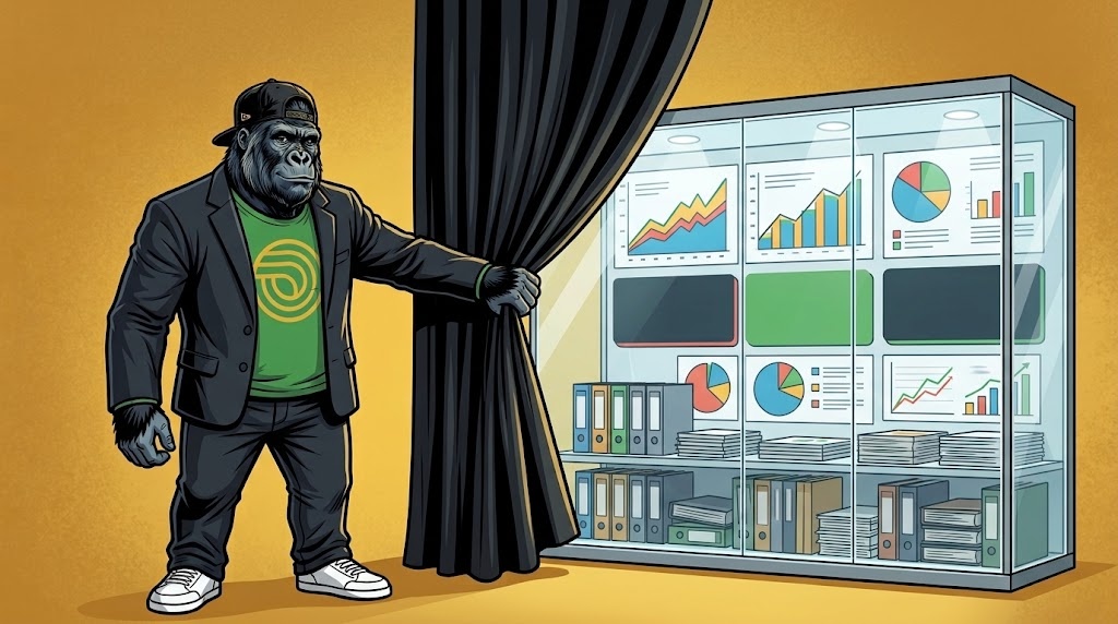 Le gorille mascotte de mfdy.digital tirant un rideau noir pour révéler une vitrine en verre remplie de classeurs organisés et d'écrans affichant des graphiques et des indicateurs de performance, sur un fond doré, illustrant la transparence d'entreprise