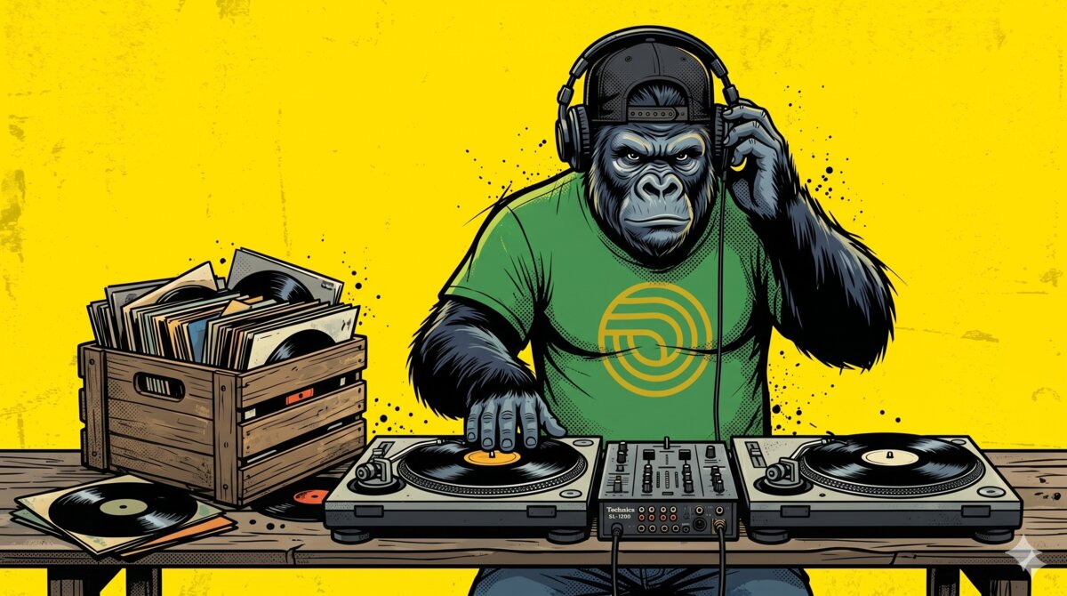 Le gorille MFDY derrière des platines vinyles classiques, bac de vinyles en bazar à sa gauche, casque audio sur les oreilles — illustration du métier de DJ et de la matière musicale