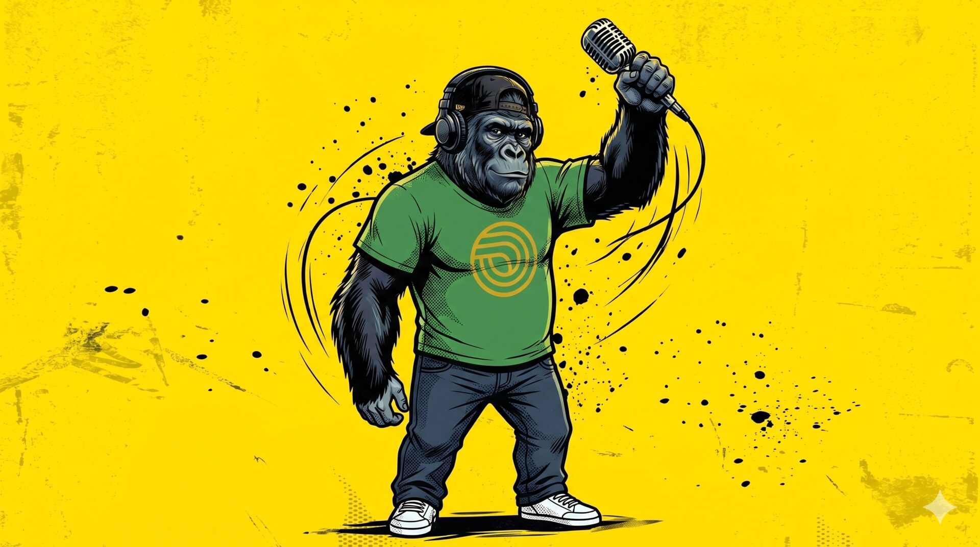 Le gorille MFDY en posture de performance scénique, micro à la main, casque audio sur les oreilles, fond jaune signature — illustration de l'article sur la tribune IA musique