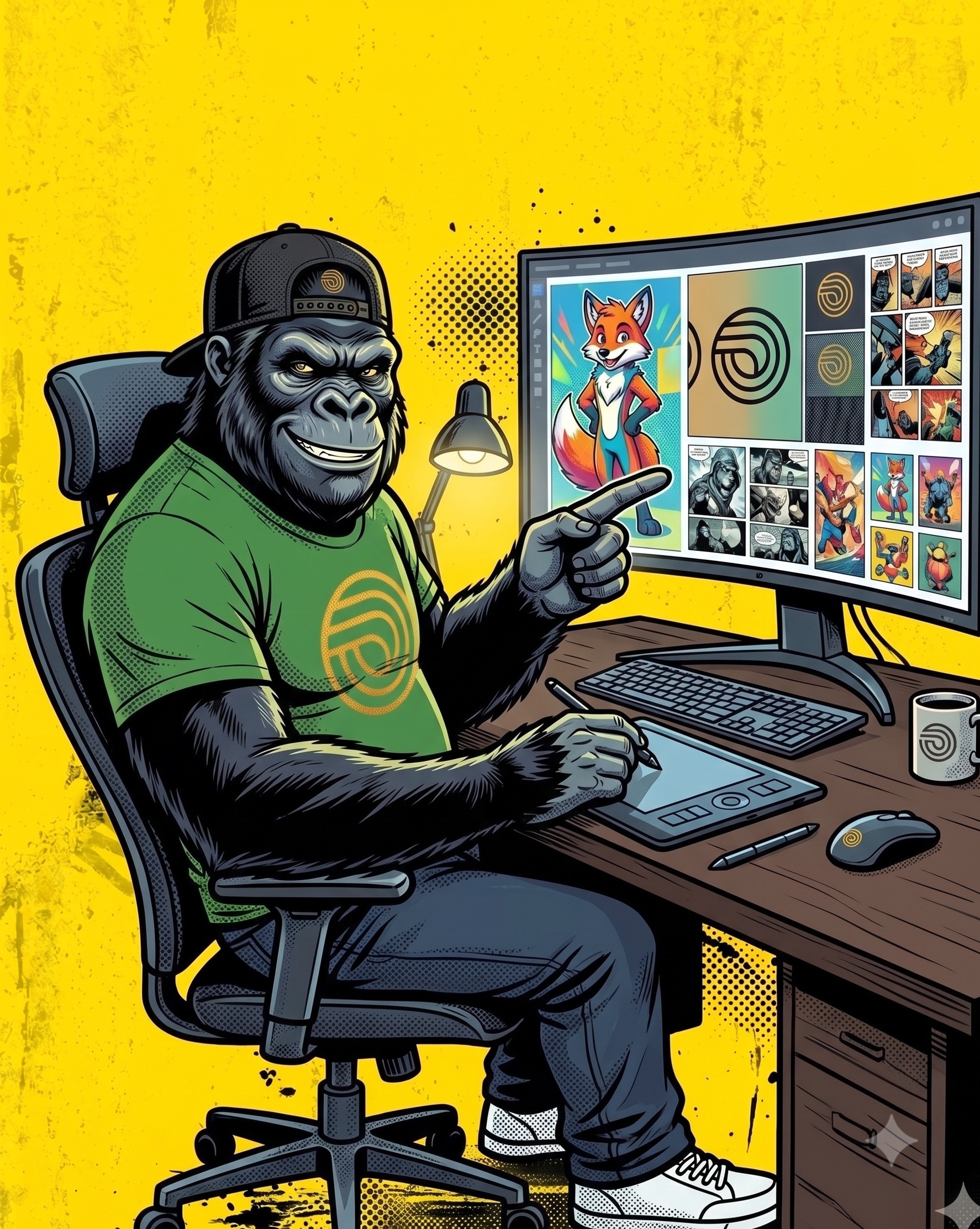 Le gorille mascotte de mfdy.digital, casquette noire et t-shirt vert, assis devant un écran affichant une planche de référence graphique et plusieurs visuels générés, sur fond jaune, illustrant le pipeline de génération de visuels IA encadré par une charte de marque