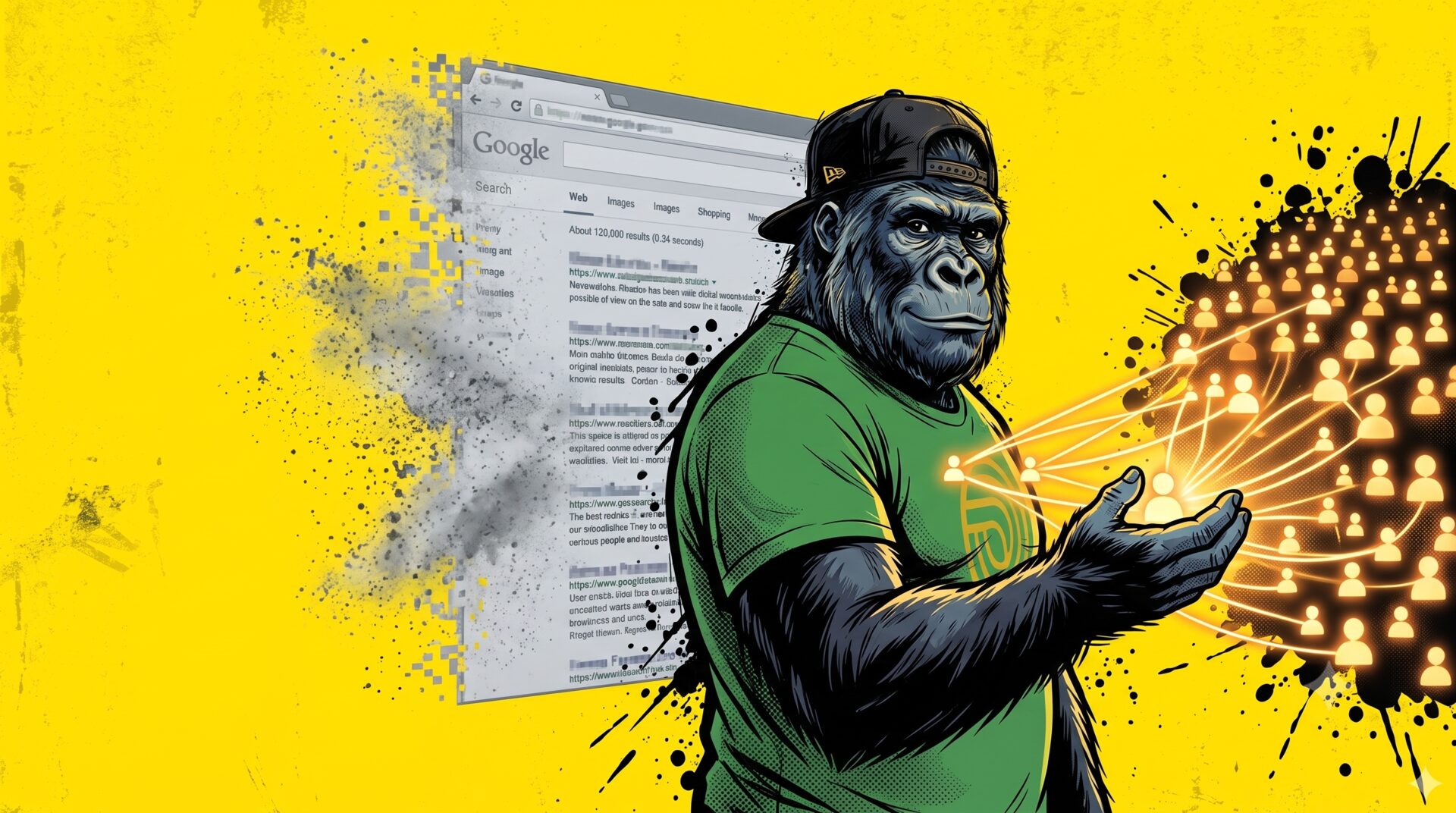 Le gorille mascotte de mfdy.digital, casquette et t-shirt vert sur fond jaune, tourne le dos à une page de résultats Google qui s'éteint et tend la main vers une foule de gens connectés directement à lui, illustrant le passage du clic à l'audience directe